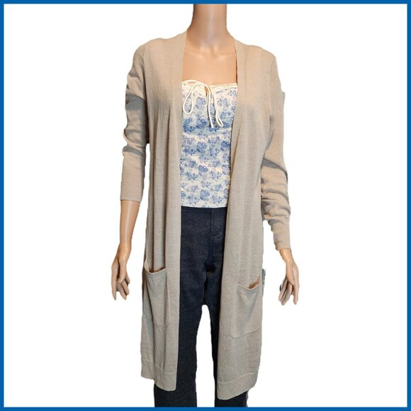 Halogen Long Open Linen Blend Cardigan NWOT Beige Small - Picture 1 of 9